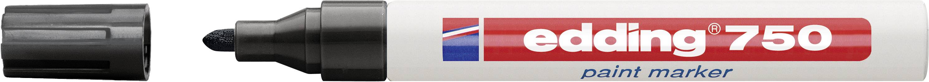 Ein weißer Lackmarker mit rotem Logo 'edding 750', schwarzer Kappe und Spitze, geeignet für dauerhaftes Markieren auf verschiedenen Oberflächen.