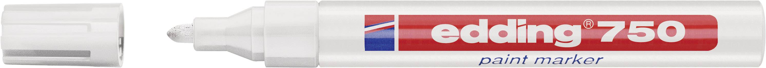 Ein geöffneter weißer Lackmarker 'edding 750' mit roter Beschriftung liegt horizontal, die Spitze zeigt nach links.