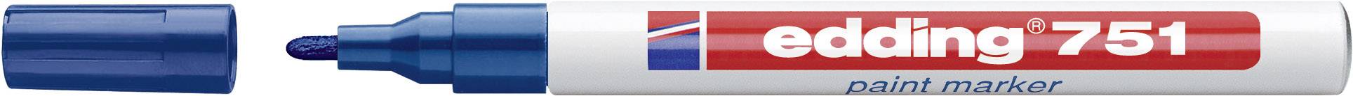 Geöffneter blauer Edding 751 Lackmarker mit rotem Etikett und weißer Kappe.