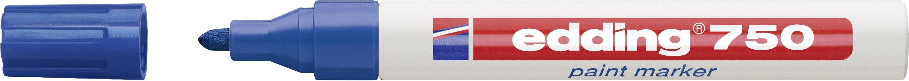 Ein blauer Edding 750 Lackmarker mit abgenommener Kappe zeigt die Filzspitze und die Aufschrift 'edding 750 paint marker'.