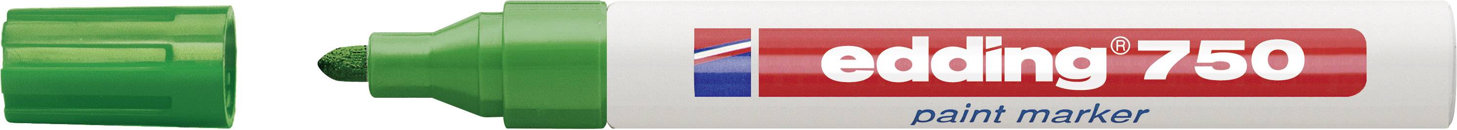Grüner Edding 750 Lackmarker mit abgenommener Kappe, Spitze sichtbar, rotes Logo mit weißem Schriftzug 'edding 750 paint marker'.