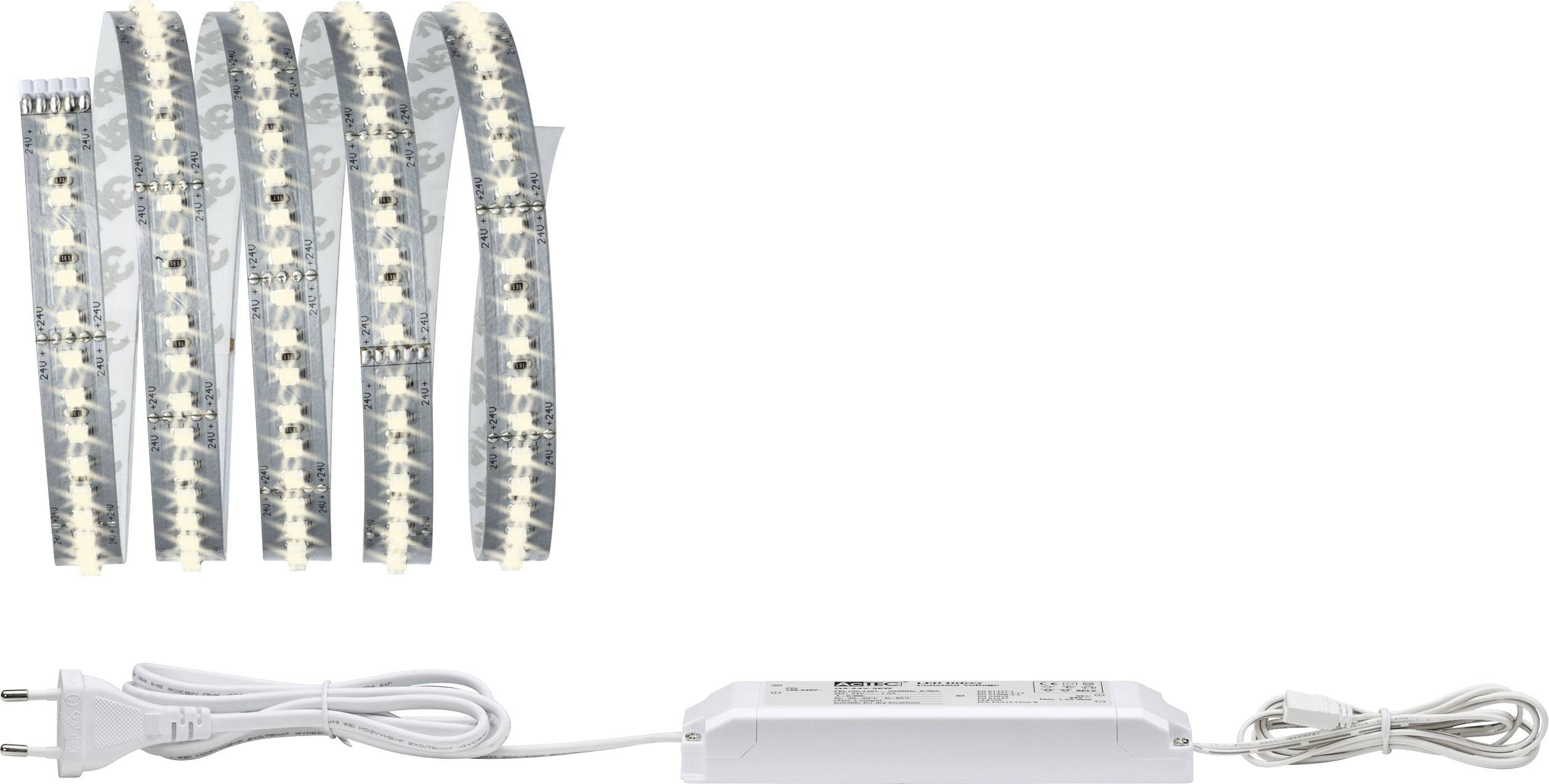 LED-Streifen mit Netzteil. Der Streifen leuchtet weiß und ist in Schleifen gelegt. Das Netzteil ist weiß mit einem Kabel und Stecker.