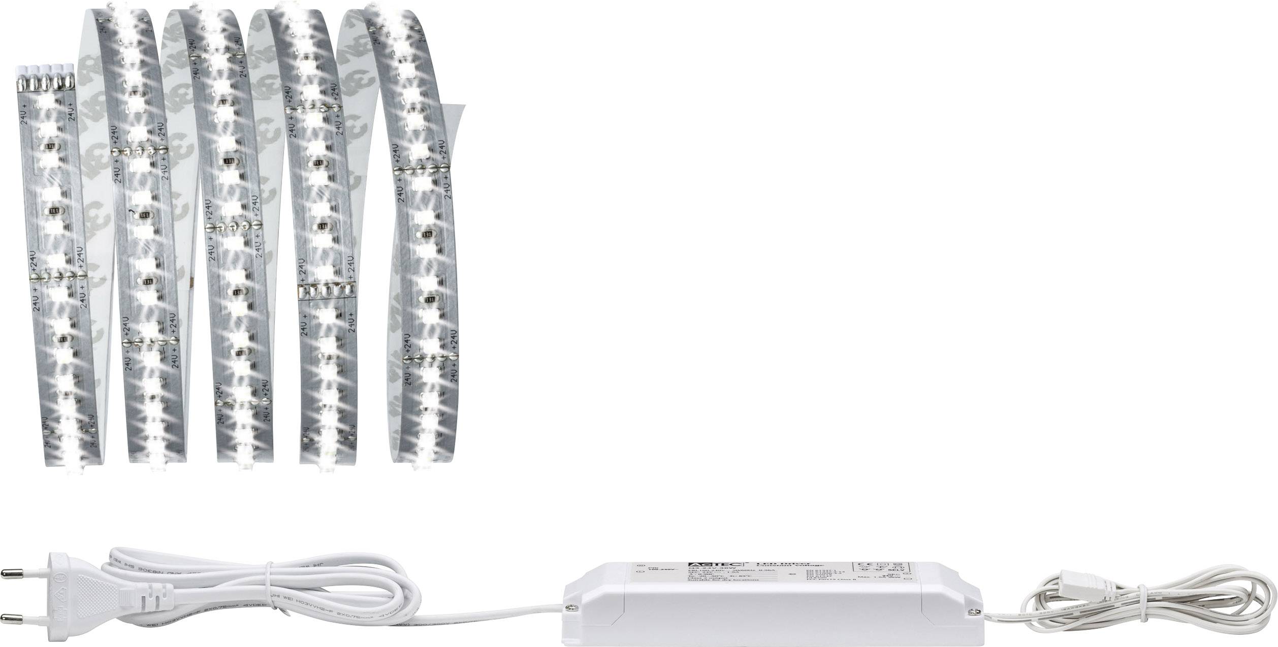 LED-Streifen mit Netzteil und Kabel. Streifen sind in Schlaufen angeordnet. Geeignet für Beleuchtungszwecke.