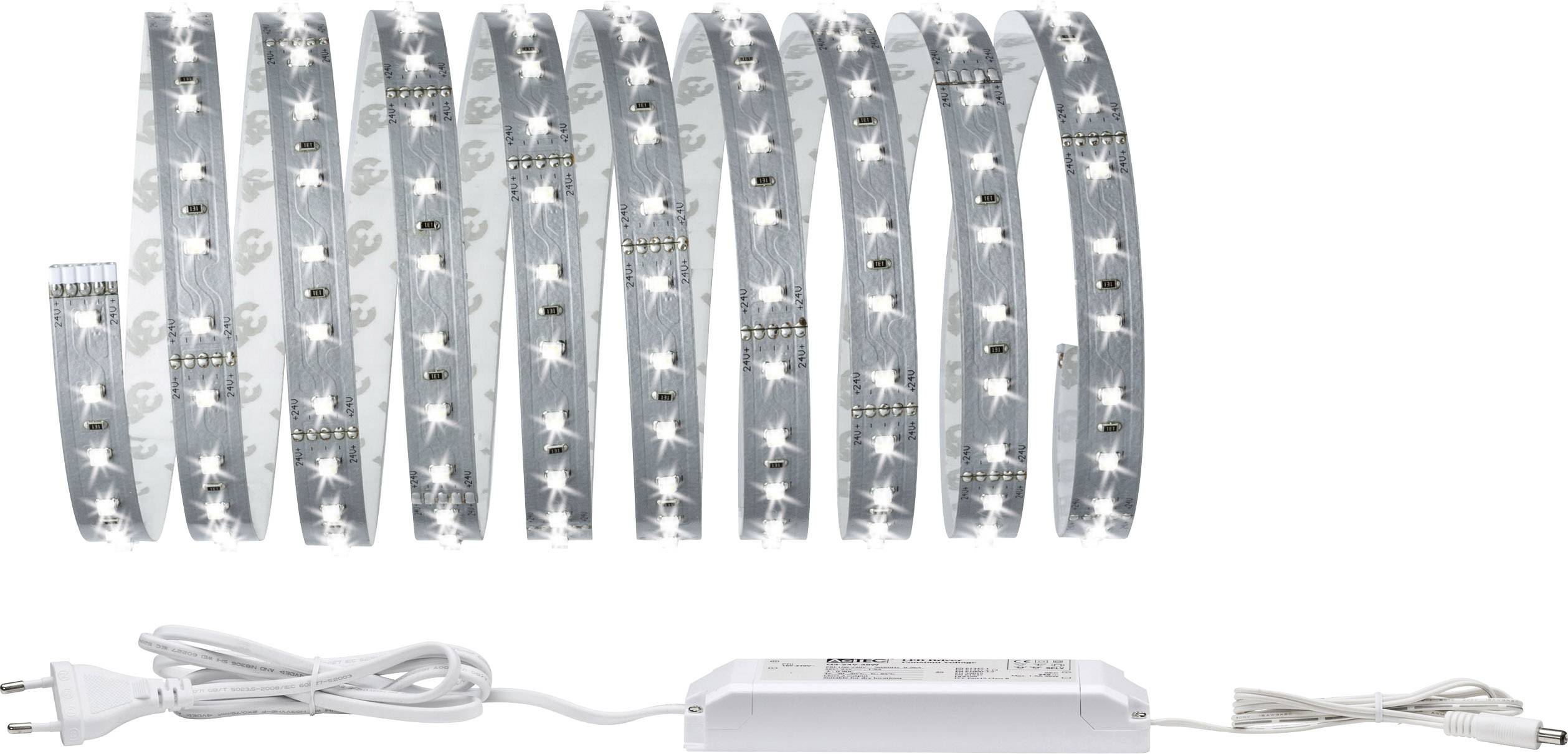 LED-Lichtstreifen, weiß leuchtend, mit Stromkabel und Adapter, ausgerollt in mehreren Schleifen nebeneinander.
