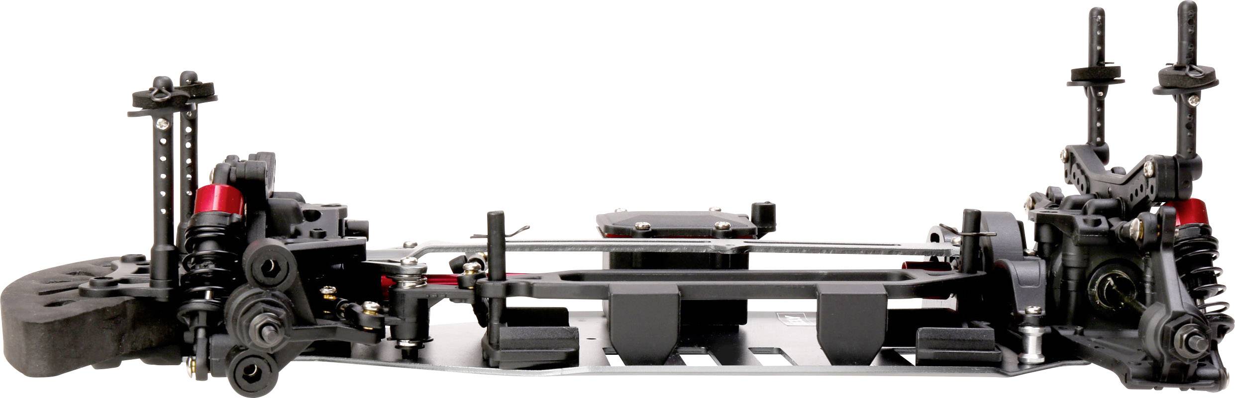 Fahrgestell eines Modellautos mit sichtbaren Stoßdämpfern, Getriebe und Achsen. Detailreiche Ansicht der Fahrzeugmechanik.
