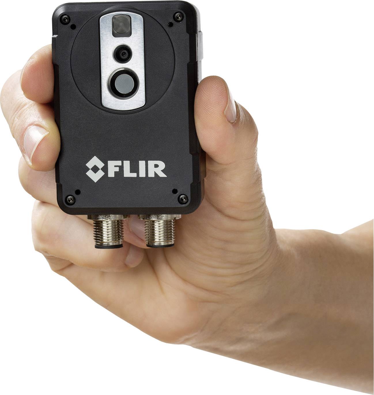 Eine Hand hält eine kompakte Wärmebildkamera von FLIR mit zwei Anschlüssen unten.