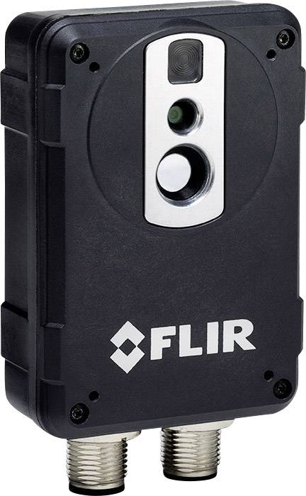 Schwarze FLIR-Kamera mit zwei Objektiven, verwendet für thermische Bilderfassung, ausgestattet mit zwei Anschlusssteckern unten.