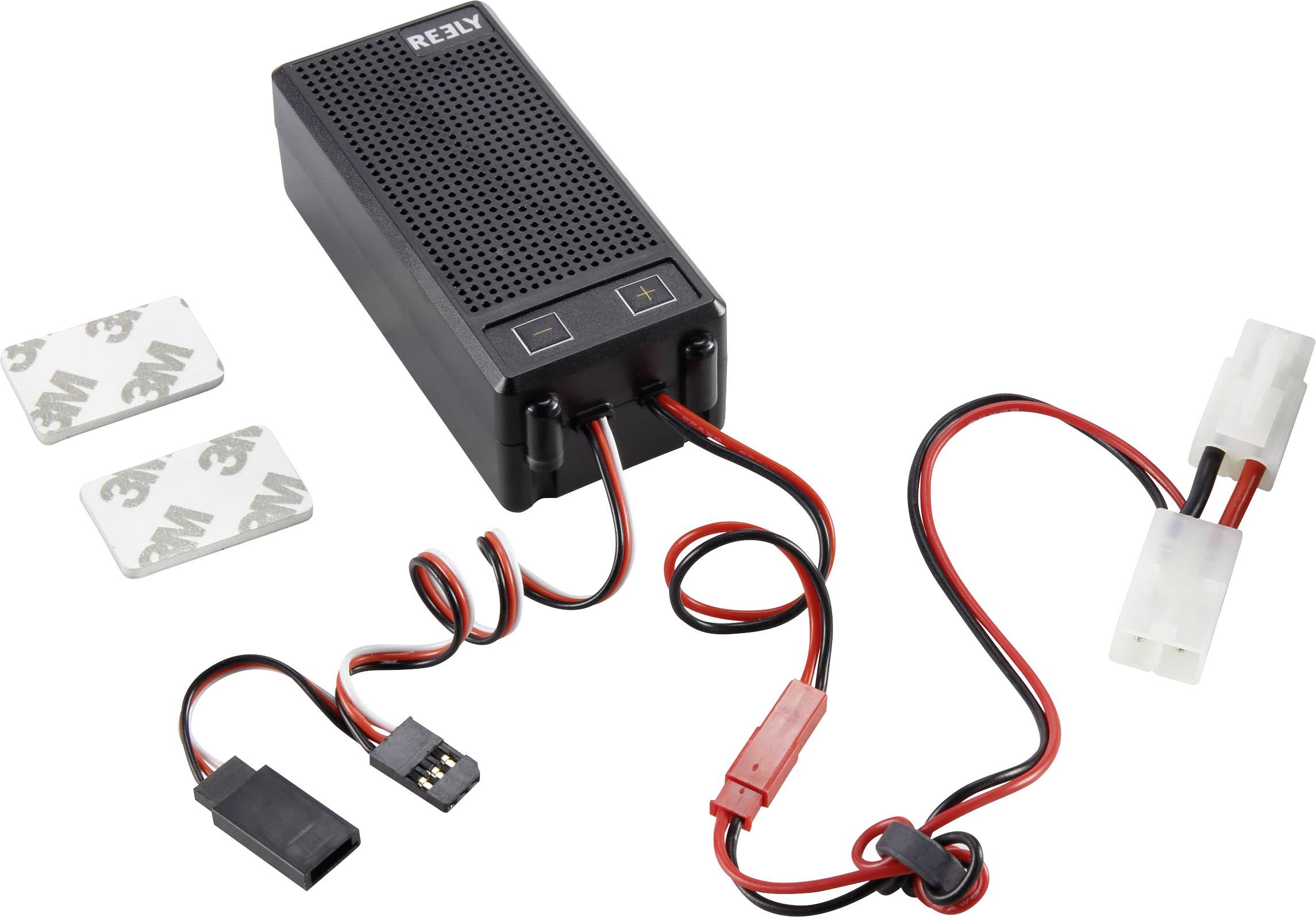 Schwarzes DC/DC-Wandler-Modul mit Kabeln und Anschlüssen, zwei weiße Klebepads. Hauptgerät zeigt '12V' an der Oberseite.