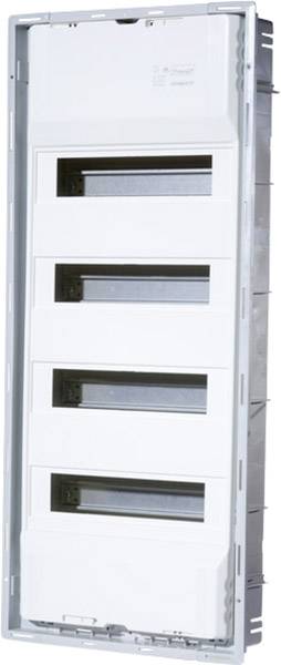 Ein leerer, mehrteiliger Verteilerkasten mit mehreren horizontalen Fächern und einem grauen Rahmen, geeignet für elektrische Installationen.