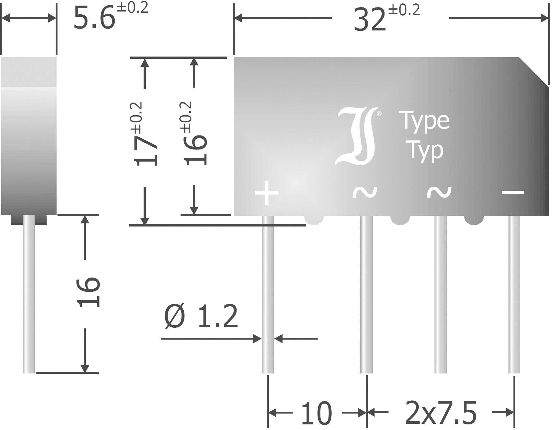 Abbildung eines elektronischen Bauteils mit vier Anschlussstiften. Maße sind 5,6 mm, 32 mm, 16 mm. Beschriftung: 'Type' und Symbole für Plus, Wechselstrom, Minus.