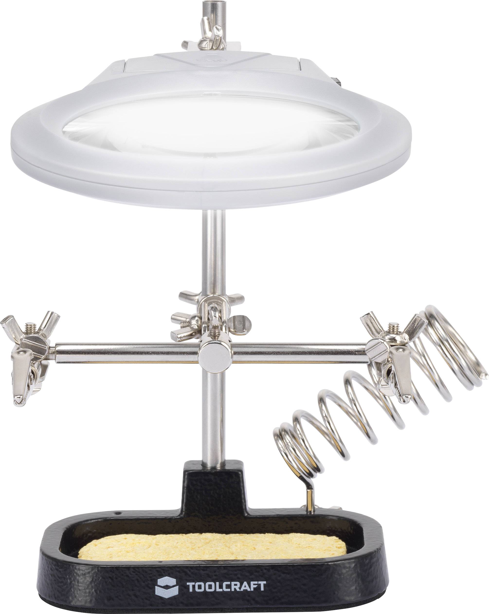 Lupenleuchte mit Krokodilklemmen und Lötschwamm auf schwarzem Sockel, nützlich zum präzisen Löten oder Basteln.