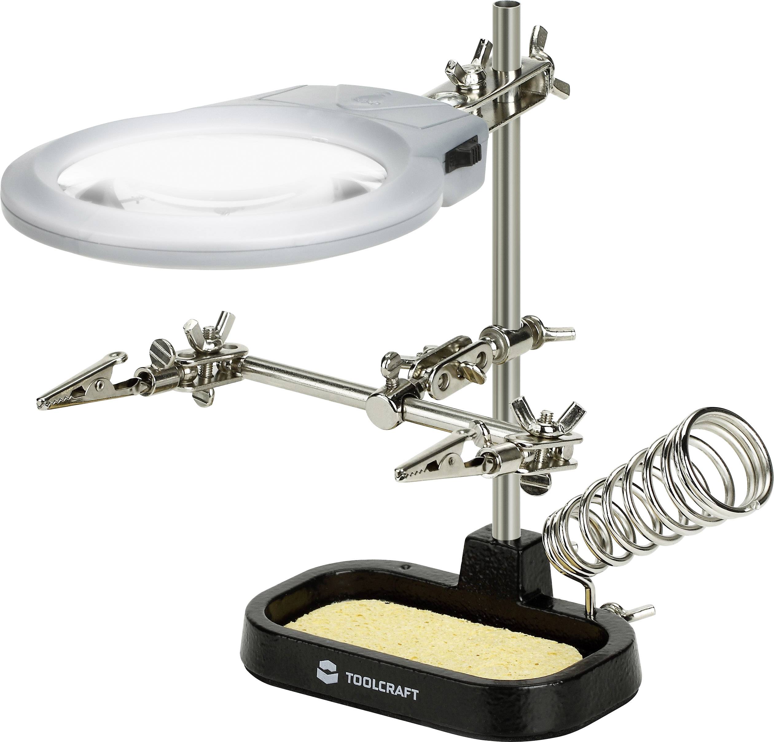 Lötstation mit dritter Hand: Vergrößerungsglas, Halteklemmen, Lötschwamm und Lötkolben-Halterung. Ideal für präzise Arbeiten.