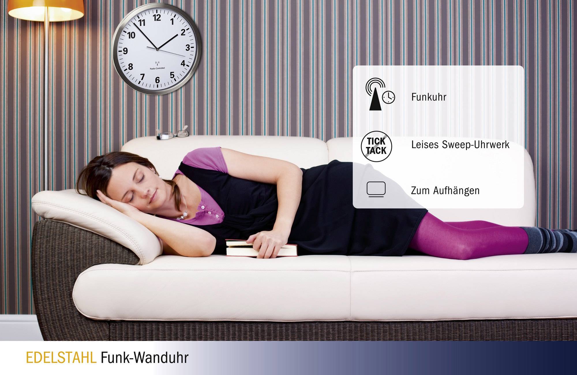 TFA Dostmann 60.3523.02 Funk Wanduhr 30.5cm x 4.3cm Edelstahl Leisegang-Uhrwerk, Energiesparfunktion