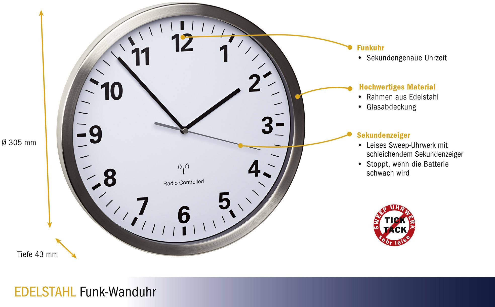 TFA Dostmann 60.3523.02 Funk Wanduhr 30.5cm x 4.3cm Edelstahl Leisegang-Uhrwerk, Energiesparfunktion