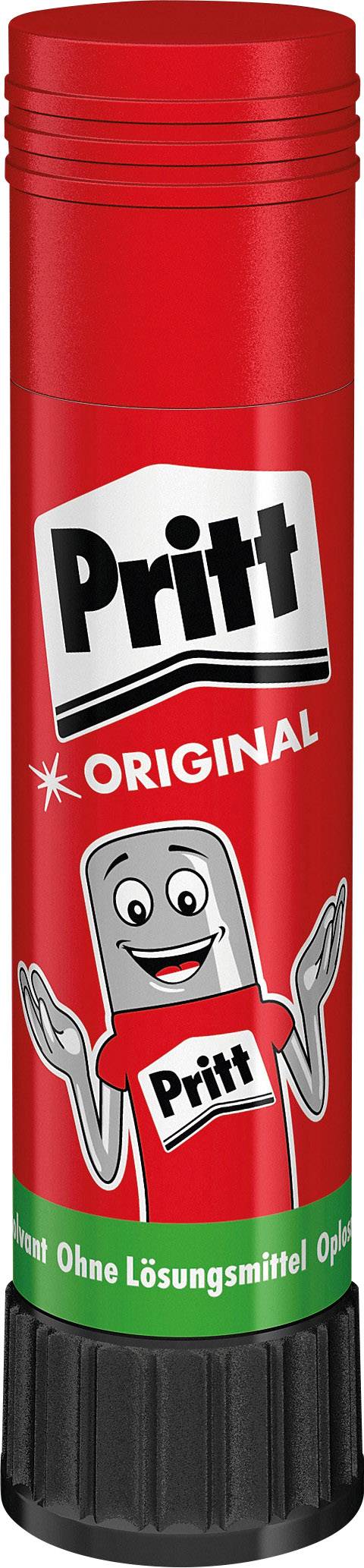 Ein roter Klebestift mit 'Pritt Original' auf dem Etikett. Eine cartoonartige Klebestiftfigur lächelt und öffnet ihre Arme.