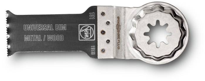 Multifunktionswerkzeug-Sägeblatt für Metall und Holz mit Sternaufnahme, schwarz, seitliche Ansicht. Markierung 'UNIVERSAL BIM'.