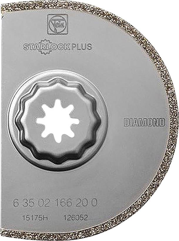 Das Bild zeigt ein halbkreisförmiges Starlock Plus Sägeblatt mit diamantbesetzter Kante, geeignet für präzise Schnitte in harten Materialien.