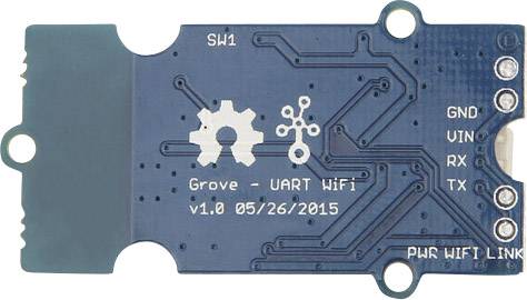 Elektronische Platine mit der Aufschrift 'Grove - UART WiFi v1.0 05/26/2015'. Verbindungen: GND, VIN, RX, TX. Schalter SW1 oben.