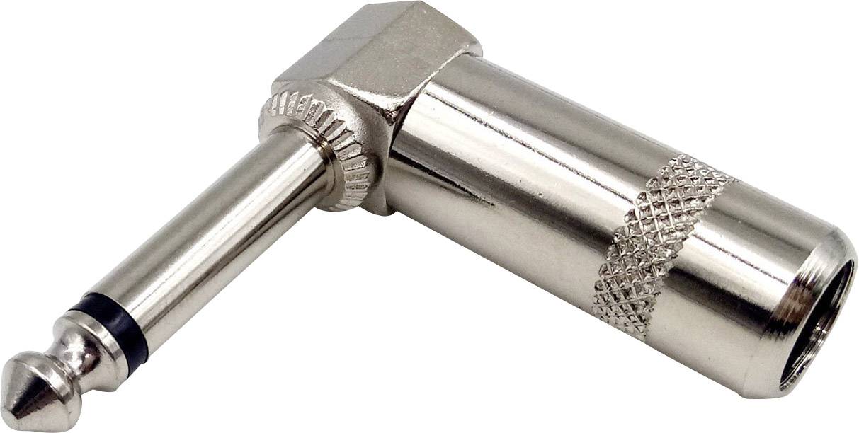Ein Metall-Audiostecker im rechten Winkel, typischerweise für Musikinstrumente oder Audioausrüstungen verwendet.