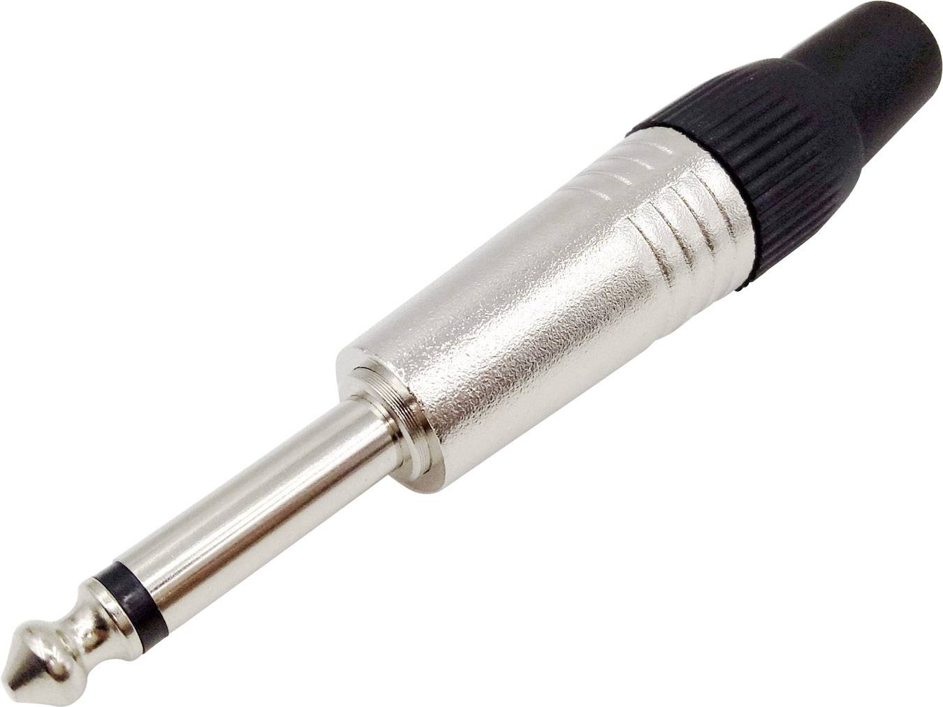 Ein einzelner Klinkenstecker mit Metallgehäuse und schwarzem Kabelschutz, üblicherweise zur Verbindung von Audio-Geräten.