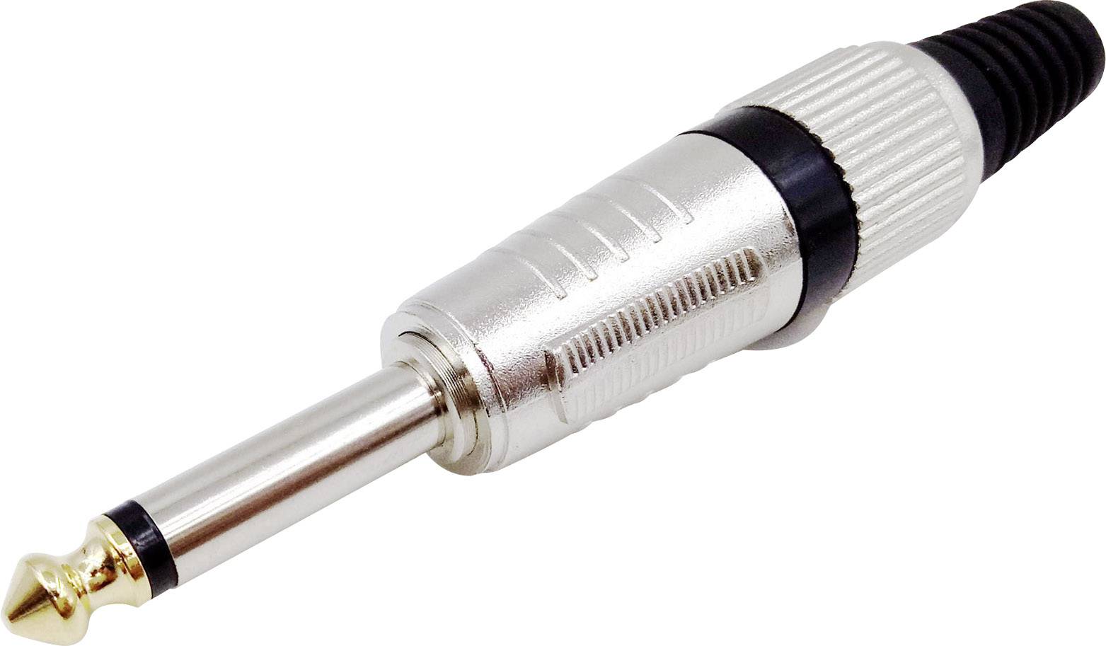 Ein silberner Audio-Stecker mit goldener Spitze und schwarzem Griff, typischerweise verwendet für E-Gitarren und Verstärker.