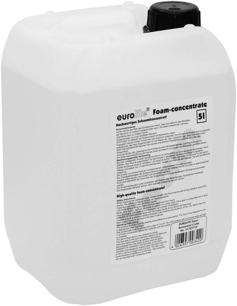 Ein weißer 5-Liter-Kanister mit schwarzem Deckel, beschriftet mit 'eurolite Foam-concentrate Hochwertiges Schaummaterial'.