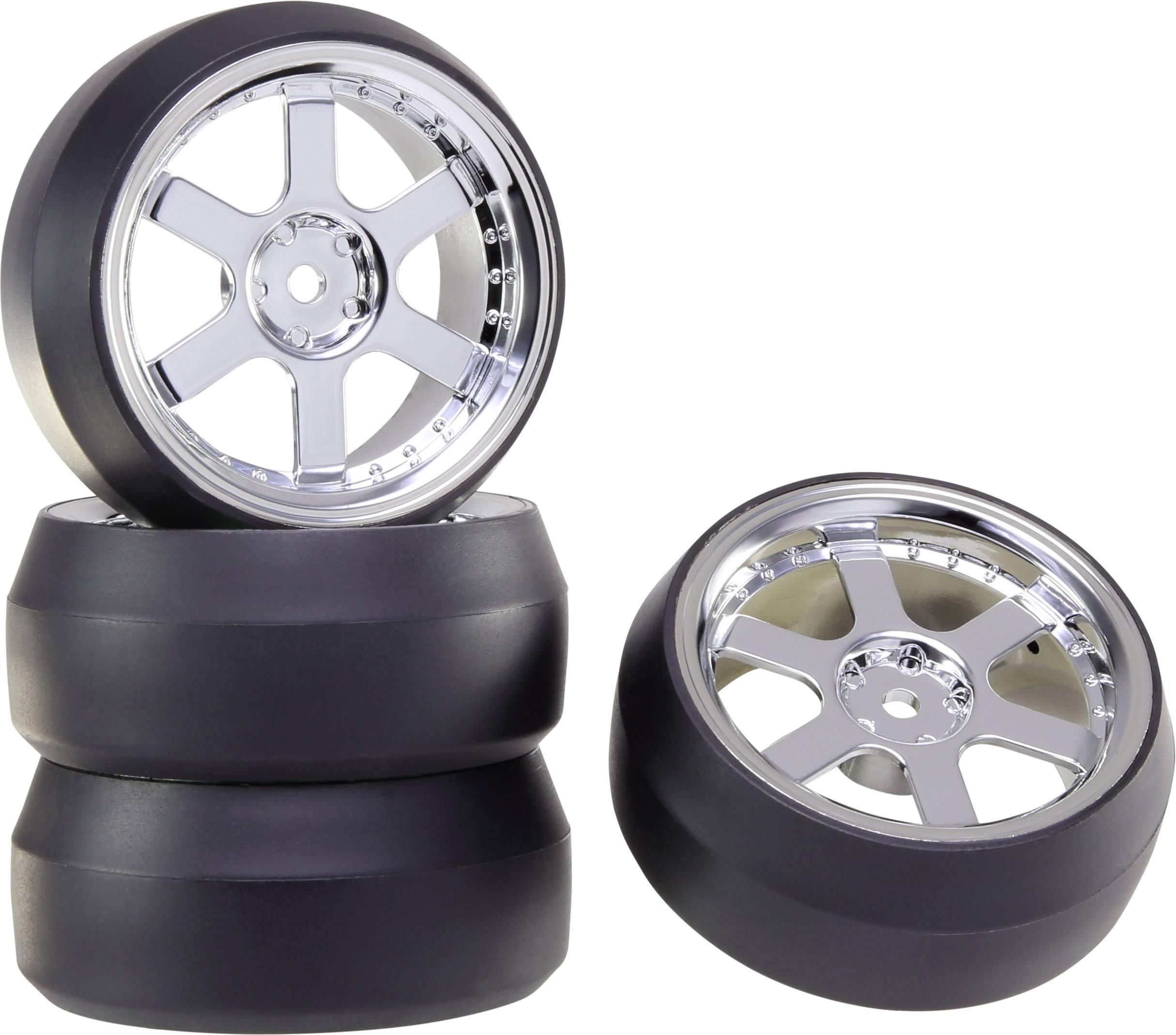 Reely 1:10 Straßenmodell Kompletträder Drift 6-Speichen Chrom 4St.