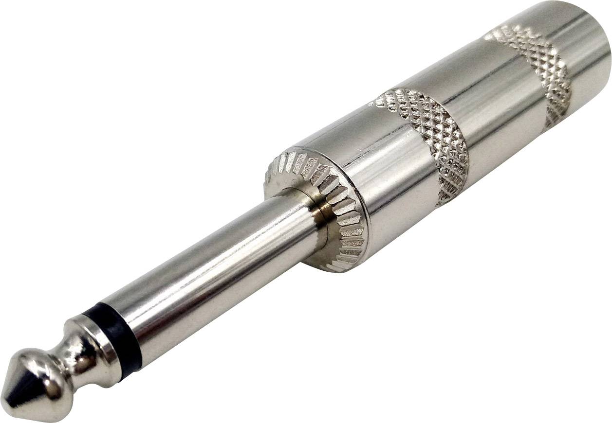 Ein silberner 6,35 mm Klinkenstecker mit strukturiertem Griff, oft für professionelle Audioanwendungen genutzt.