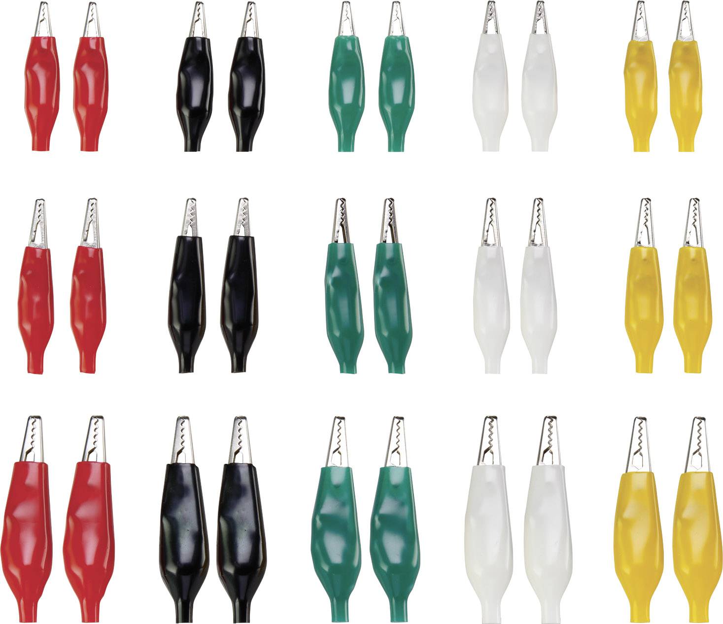 Krokodilklemmen in vier Farben: rot, schwarz, grün, gelb. Anordnung in Reihen, jede Farbe mit zwei Klemmen.
