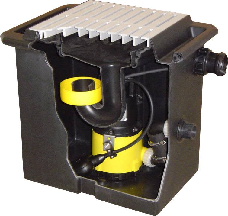 Abwasserpumpe mit gelber Tauchpumpe in einem schwarzen Gehäuse, zeigt Rohre und mechanische Komponenten für Wasserableitungssysteme.