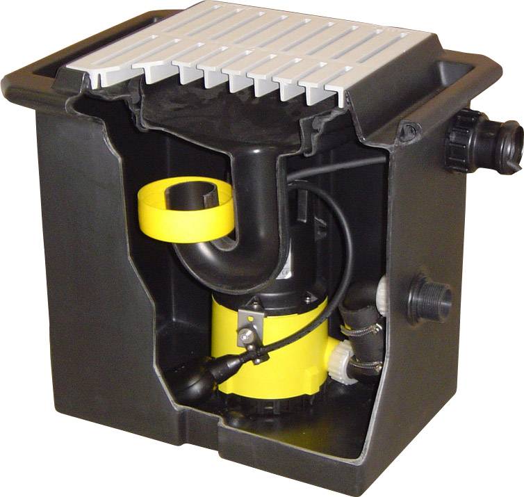Schmutzwasserhebeanlage mit offenem Gehäuse, gelber integrierter Pumpe und Verbindungsschläuchen, für häusliches Abwasser geeignet.