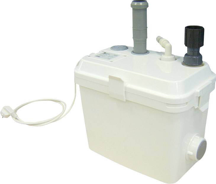 Sanitärpumpe mit mehreren Anschlüssen, weißes Gehäuse, Stromkabel an der Seite sichtbar. Geeignet zur Entsorgung von Abwasser.