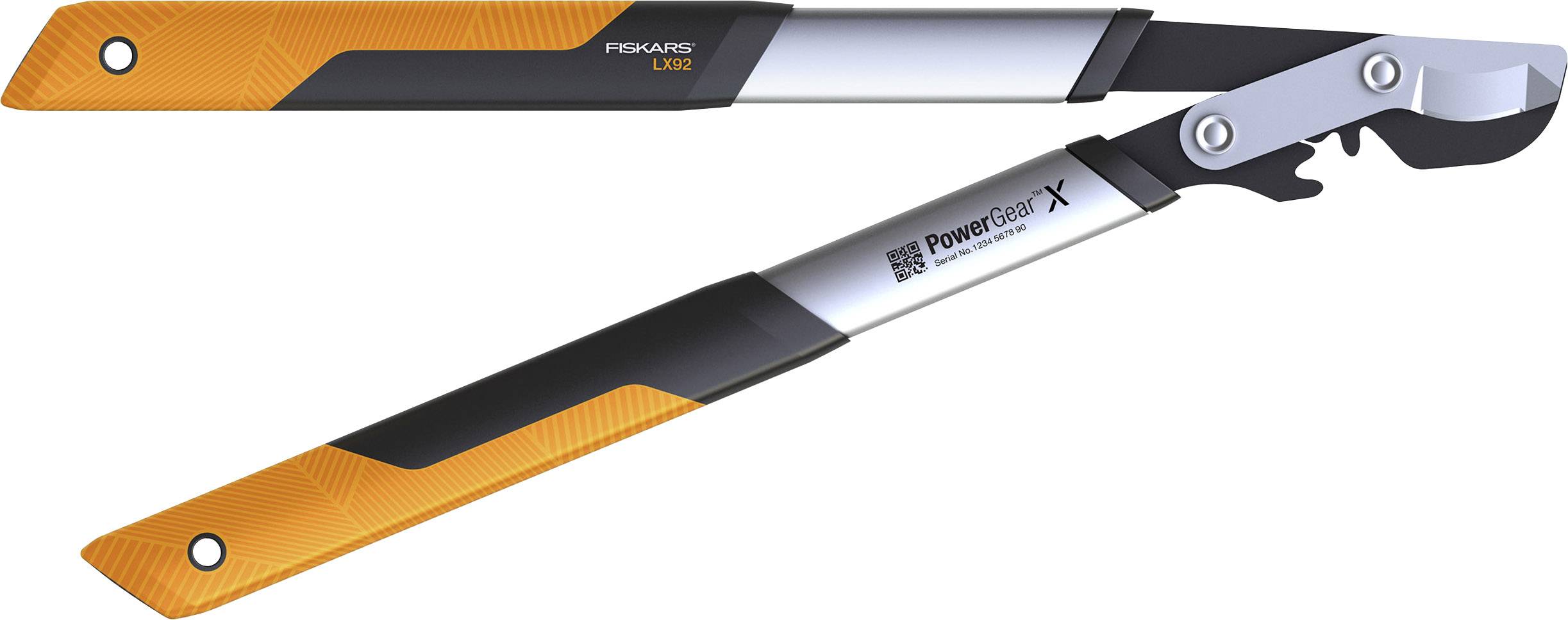 'PowerGear LX92' Astschere von Fiskars mit orange-schwarzen Griffen und silberner Klinge, geeignet für präzises Schneiden von Ästen.