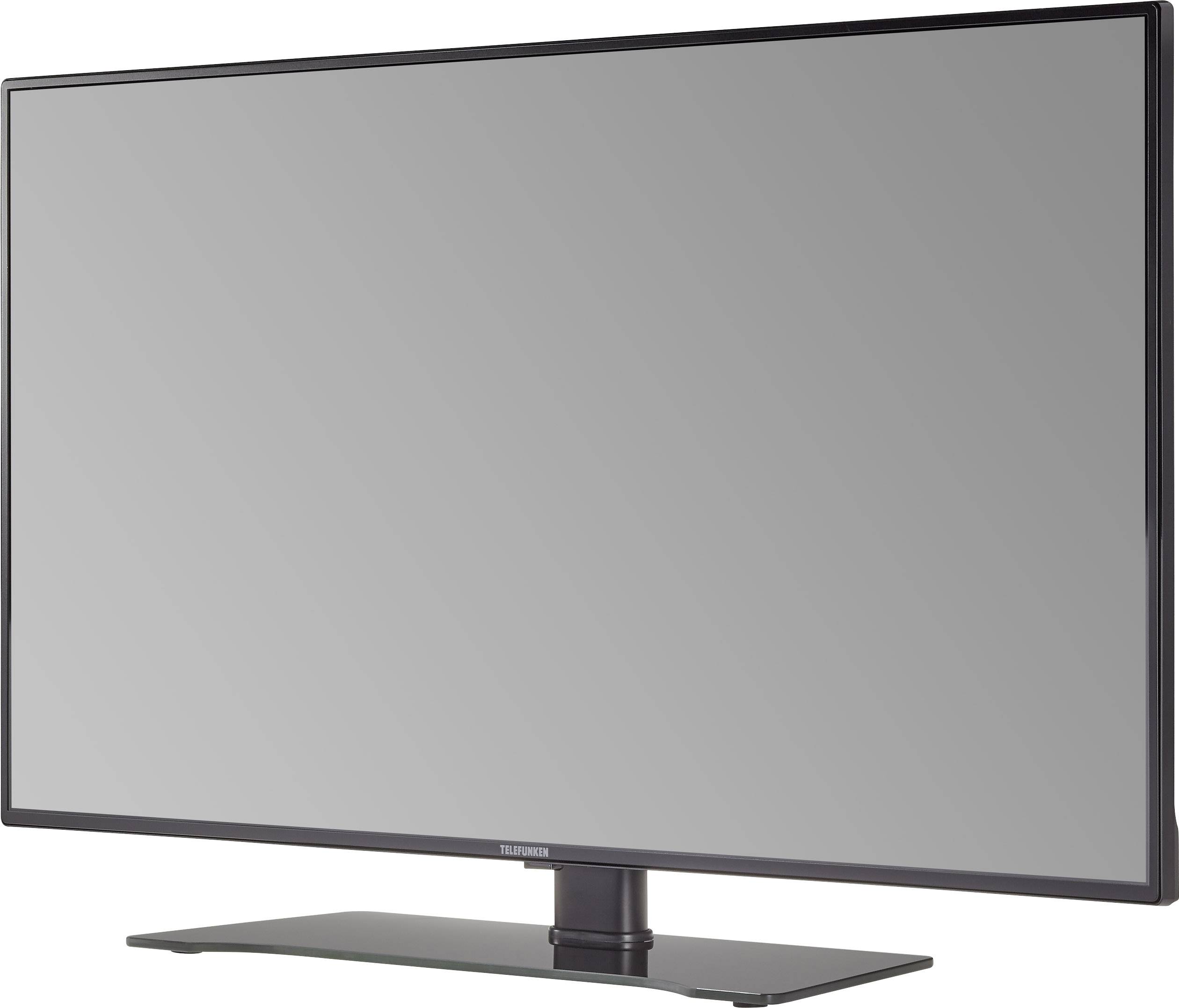 Flacher, schwarzer Fernseher mit großem Bildschirm, auf einem rechteckigen Standfuß.