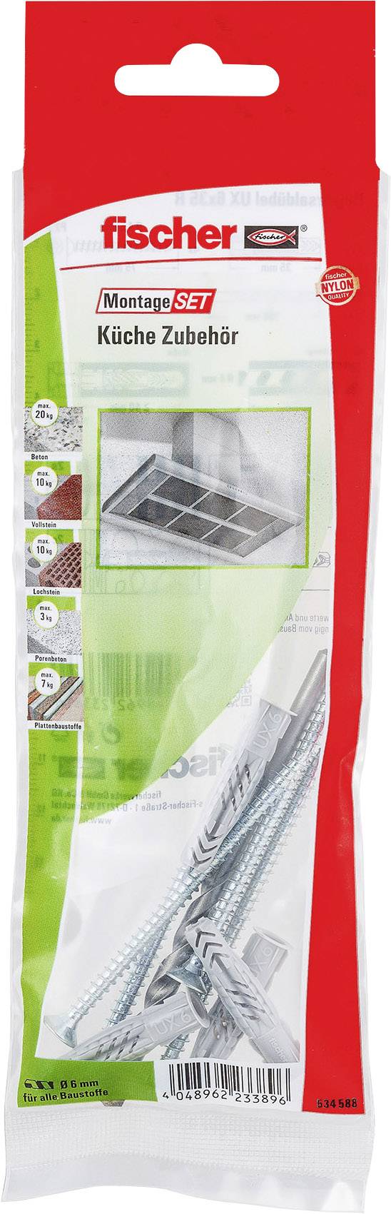 Fischer 534588 Montageset Küche Zubehör Inhalt 1 Set 4x Universaldübel UX 6 x 50 mm R · 4x Schraube 4.5 x 75 mm · 1x Steinbohrer Ø 6 x 100 mm.