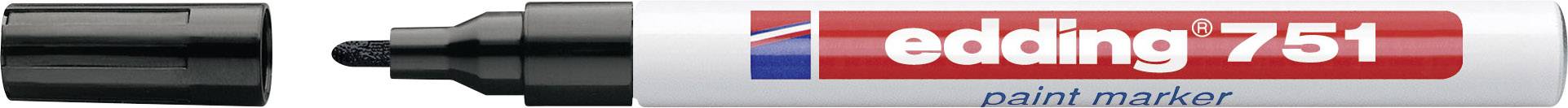 Ein schwarzer Edding 751 Lackmarker mit geöffneter Kappe, rotes Etikett mit weißer Schrift.