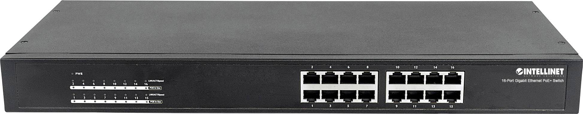 Ein schwarzer Netzwerk-Switch mit 16 Ethernet-Ports. Markenname auf der rechten Seite. Verwendet für die Verwaltung von Netzwerken.
