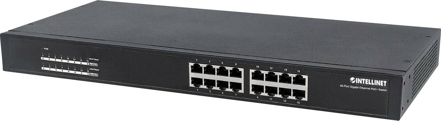 Ein schwarzer Ethernet-Switch mit 16 Anschlüssen, bezeichnet als 'Intellinet 16-Port Gigabit Ethernet Switch', geeignet für Netzwerke.
