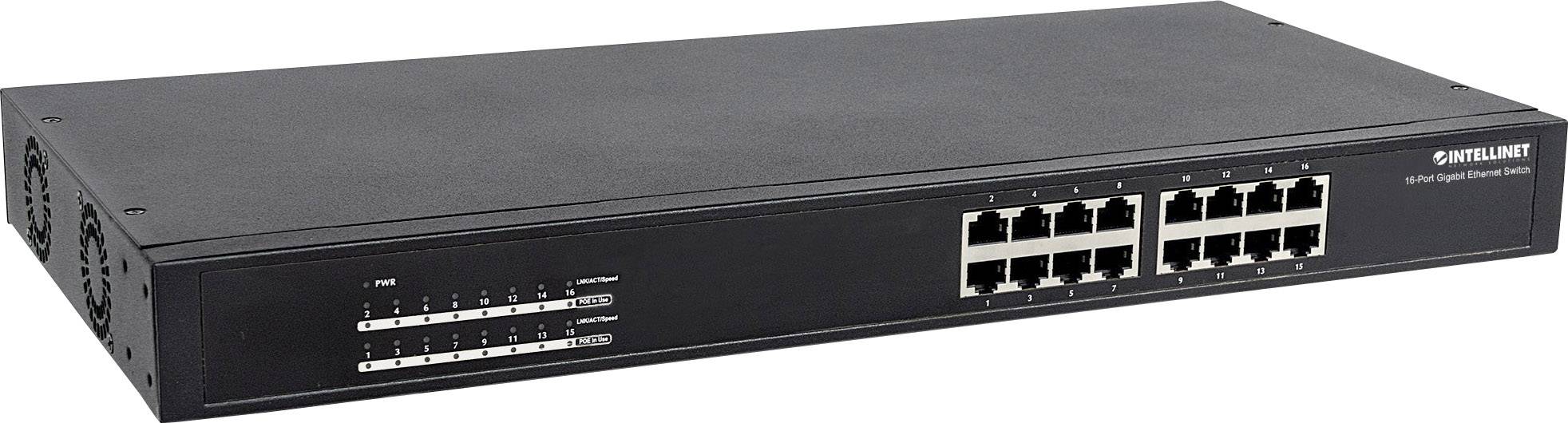 Ein schwarzer Netzwerk-Switch mit 16 Ethernet-Ports und LED-Anzeigen auf der Vorderseite. Nutzung für Datenkommunikation im Netzwerk.