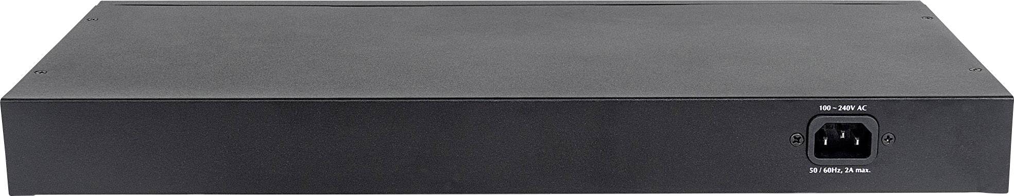 Ein rechteckiges, schwarzes elektronisches Gerät mit einem Stromanschluss hinten, möglicherweise ein Netzwerk- oder Servergerät.