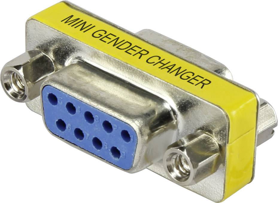 'D-SUB Adapter Mini Gender Changer' in gelb auf silbernem Stecker, ermöglicht Umwandlung der Anschlussgeschlechter bei Computerkabeln.