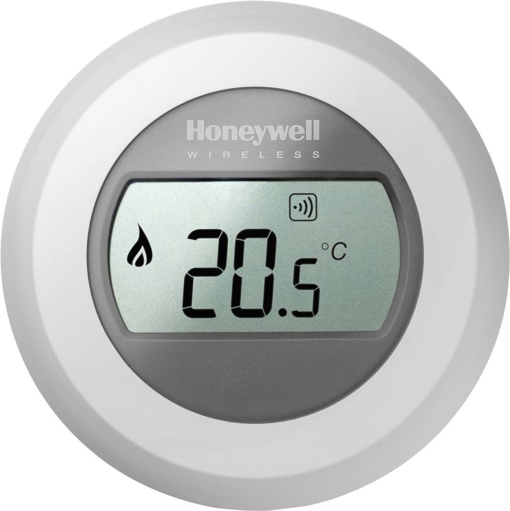 Ein rundes, digitales Wandthermostat von Honeywell zeigt 20,5 Grad Celsius an. Oben steht 'Honeywell Wireless'. Links ist ein Tropfen-Symbol.