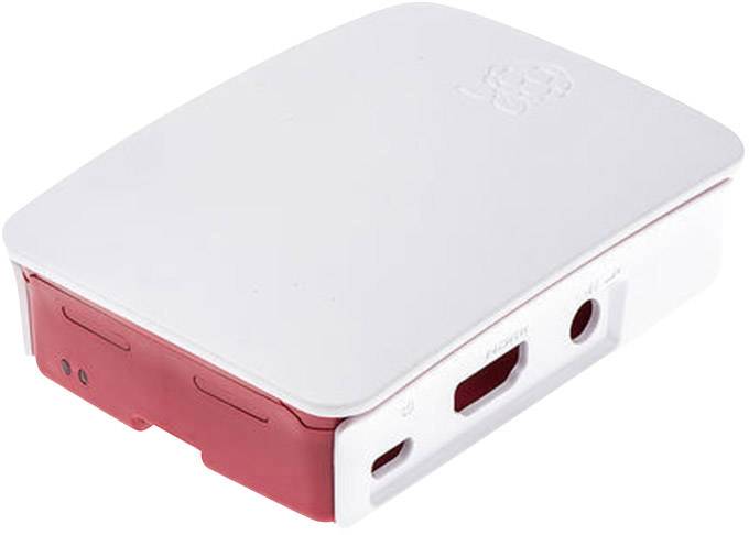 Ein weißes und rotes Kunststoffgehäuse für einen Mini-Computer, mit Anschlüssen auf der Vorderseite und einem geprägten Logo auf dem Deckel.