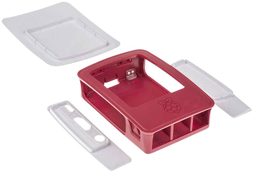 Rotes Gehäuse für Raspberry Pi, bestehend aus Oberteil, Unterteil und zwei Seitenabdeckungen, teilweise zusammengebaut.