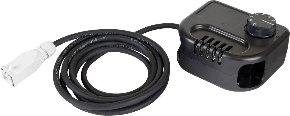 Schwarz-graues Elektrokabel mit einem Regler, der die Leistung steuert, und einem Stecker am Ende.