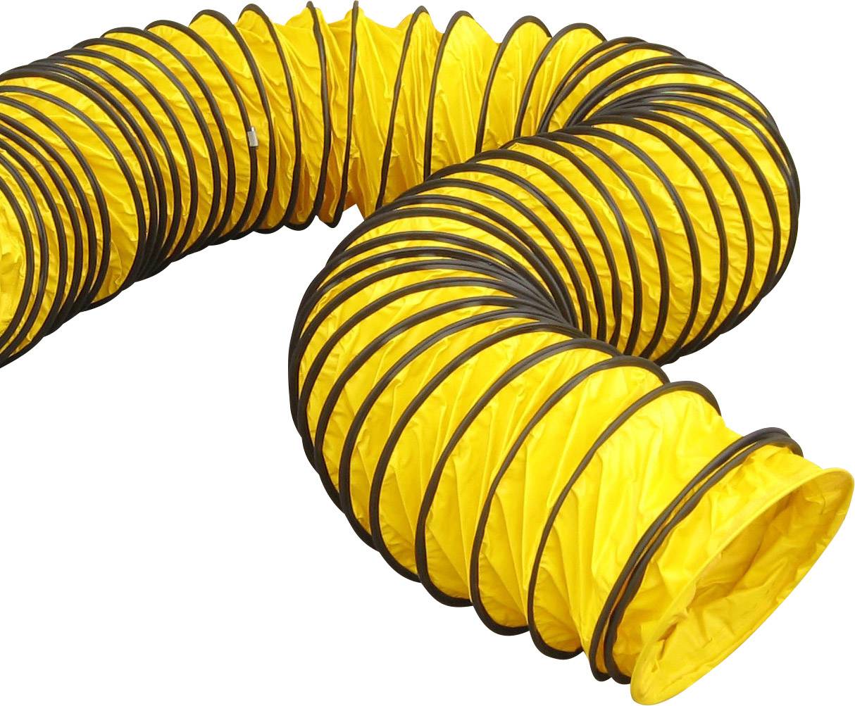 Gelber flexibler Lüftungsschlauch mit schwarzen Ringen, in geschwungener Form auf weißem Hintergrund.