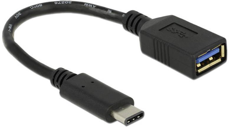 USB-C-auf-USB-A Adapterkabel, schwarz. USB-C-Stecker links, USB-A-Buchse rechts. Erleichtert den Anschluss von USB-A-Geräten an USB-C-Ports.