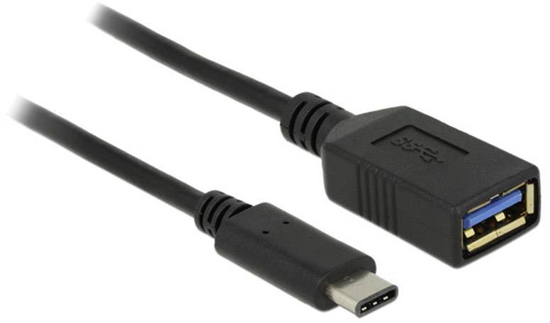 USB-C auf USB-A Adapterkabel, schwarze Farbe, mit einem USB-C-Stecker und einem USB-A-Buchse, zum Verbinden verschiedener Geräte.