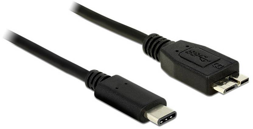 Ein schwarzes Kabel mit einem USB-C-Stecker und einem Micro-USB-Stecker, das zum Verbinden verschiedener Geräte verwendet wird.