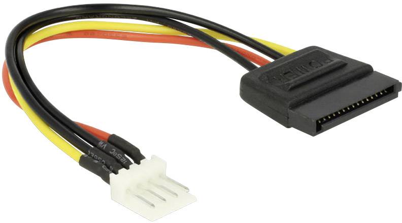Ein SATA-Stromadapterkabel mit schwarzem SATA-Stecker und weißem Molex-Stecker, verwendet zur Verbindung zwischen Netzteil und Festplatten.